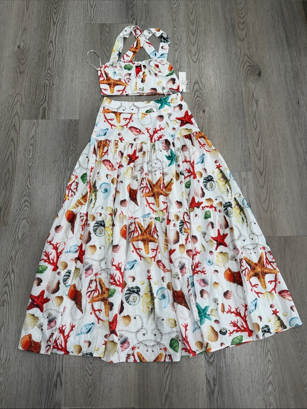 Commense White Seashell Print Tiered Sundress with Crisscross Straps 2 piece